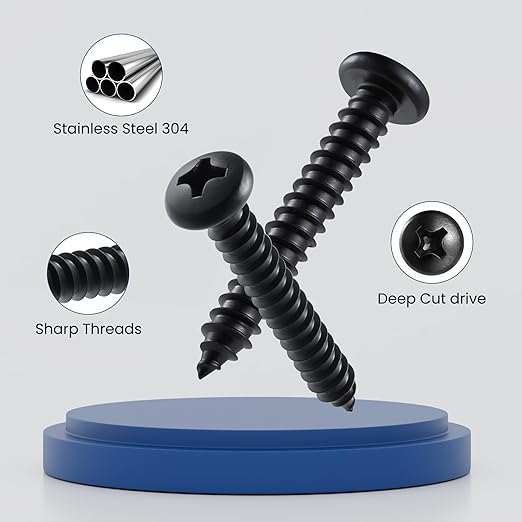 #14 x 3/4 Inch Pan Head Wood Screws, Phillips Drive, Black Oxide Stainless Steel 304 (18-8), Self Tapping for Wood, Sheet Metal Screws, 50 Pack
