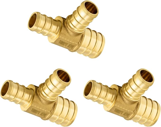5-Pack Foskan PEX Fittings, 1"x3/4"x3/4" Reducing Tee,Brass Barb Crimp PEX Fittings for Hot or Cold Water Distribution