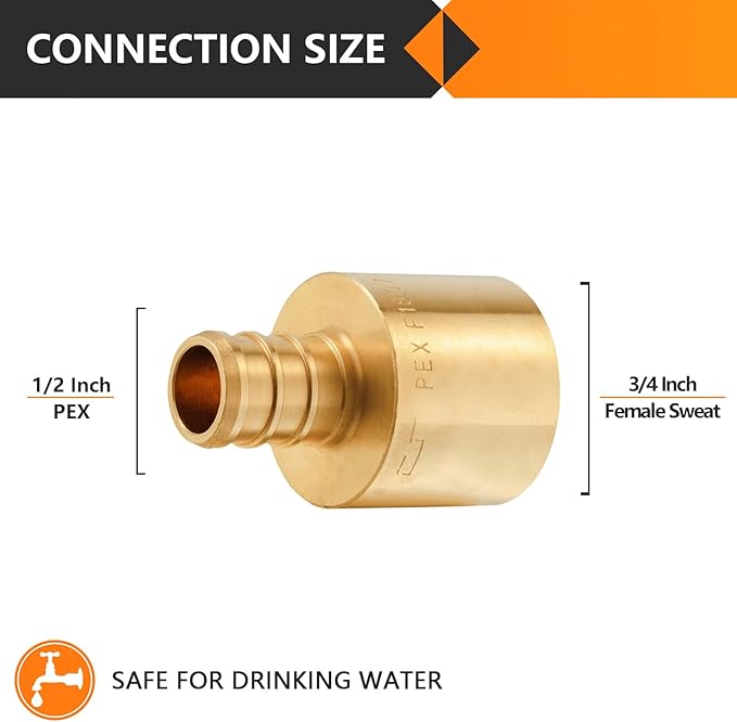 100-Pack HeSun PEX Fittings, 1/2" PEX x 3/4" Female Sweat Adapter (Over Copper Tube), Brass Crimp Fitting for ASTM F1807(PEX1807131-100)
