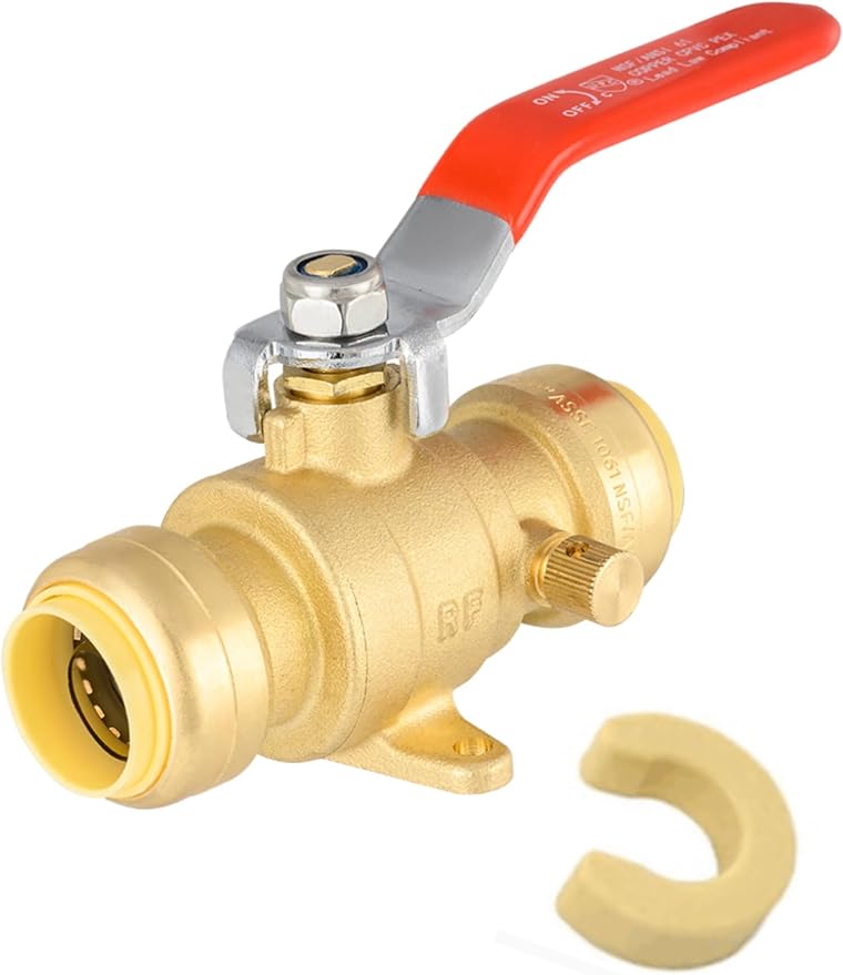 EFIELD 3/4 Inch Push-Fit Full Port Drop Ear Brass Ball Valve with Drain, Plumbing Fittings For Copper, Pex, Cpvc Pipe,(PF-VALVE072)