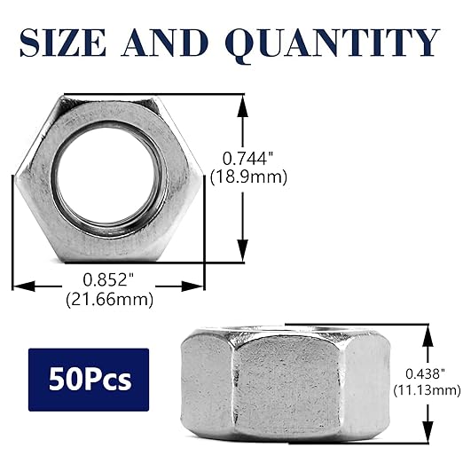 1/2-13 Hex Nuts 50Pcs 304 Stainless Steel 18-8, Full Thread, Hex Drive, Bright Finish by SG TZH