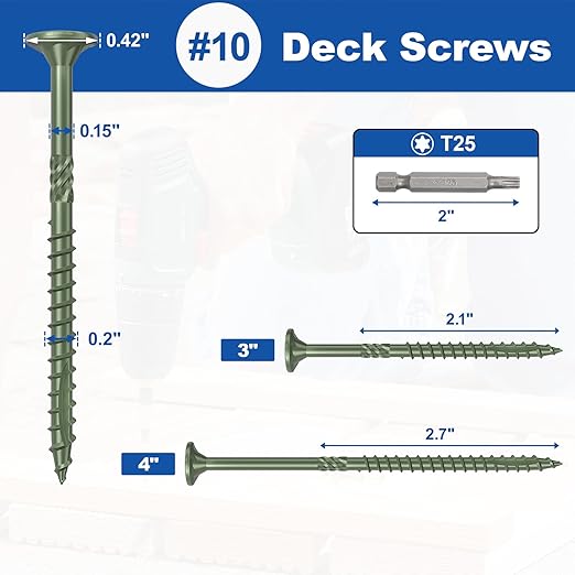 #10 x 4” Deck Screws, 500Pcs Star Drive Wood Screws, Rust Resistant Timber Screws for Timber/Log/Landscaping Wood, T25 Star Bit Included, Green