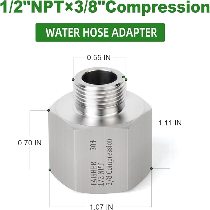 TAISHER 2PCS 304 Stainless Steel Water Hose Adapter 1/2" NPT × 3/8" Compression Pipe Fitting for kitchen bathroom faucet supply line adapter with rubber gasket