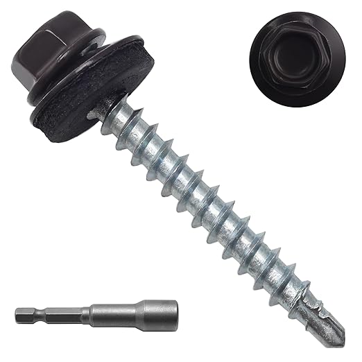 250pcs #10 x 1-1/2" Brown Hex Head Self-Drilling Metal Roofing Screws, EPDM Washer, Colored Head, Sheet Metal Roof Screw with Hex Driver Bit