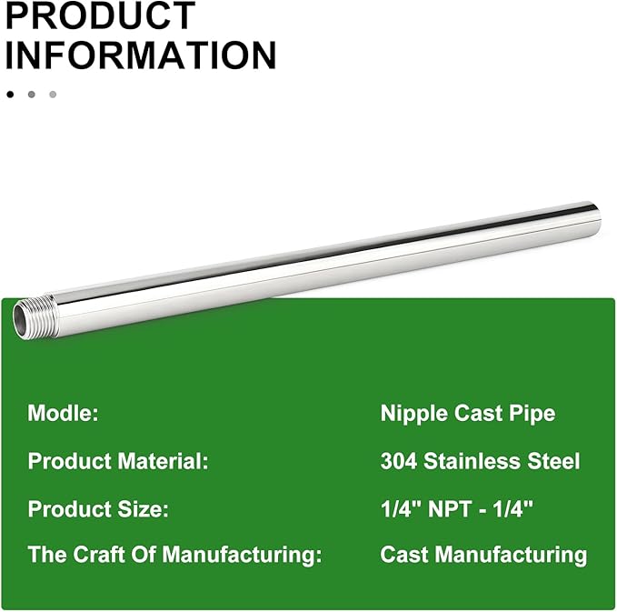 TAISHER 1PCS Stainless Steel Pipe Fittings, 1/4" NPT Male x 1/4" NPT Female Threaded, 16" Length Nipple Cast Pipe