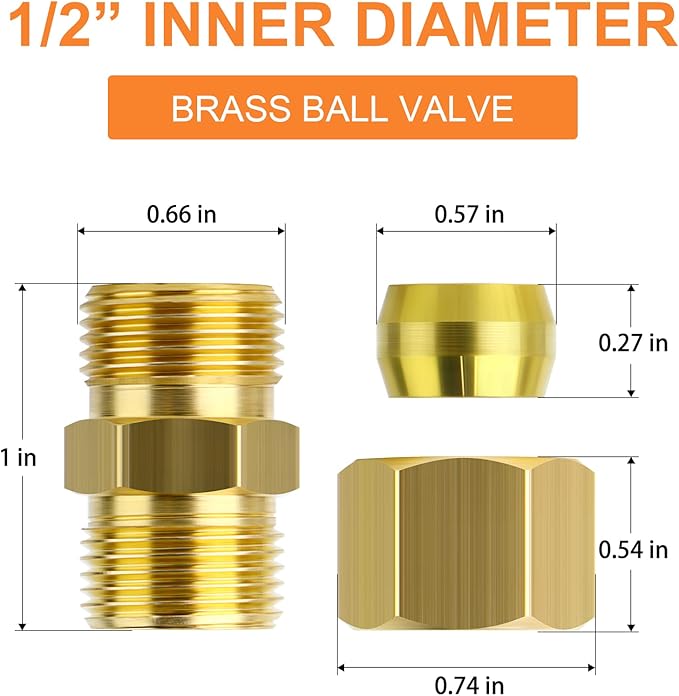 GASHER 5PCS Brass Compression Tube Pipe Fitting Connector, 1/2" Tube OD x 1/2" Tube OD Connector