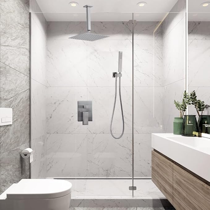 Shower System Brushed Nickel Bathroom 10 Inch Rain Shower Head Ceiling Mount with Handheld Luxury High Pressure Shower Combo Set Shower Faucet Rough-in Valve Body and Trim Kit
