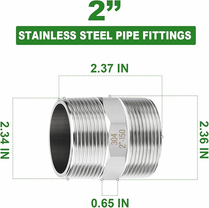 TAISHER 2PCS 304 Stainless Steel New Hex Nipple, 2" NPT Male x 2" NPT Male, Pipe Adapter Fitting
