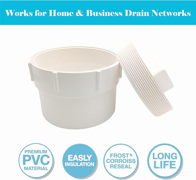 (2-Pack)6 Inch Sewer Cleanout Cap with Plug Pipe Fitting,PVC Cap for Garden, RV and More Drainage Piping Systems, PVC DWV Flush Sewer Cleanout Cover and Coupling Adapter