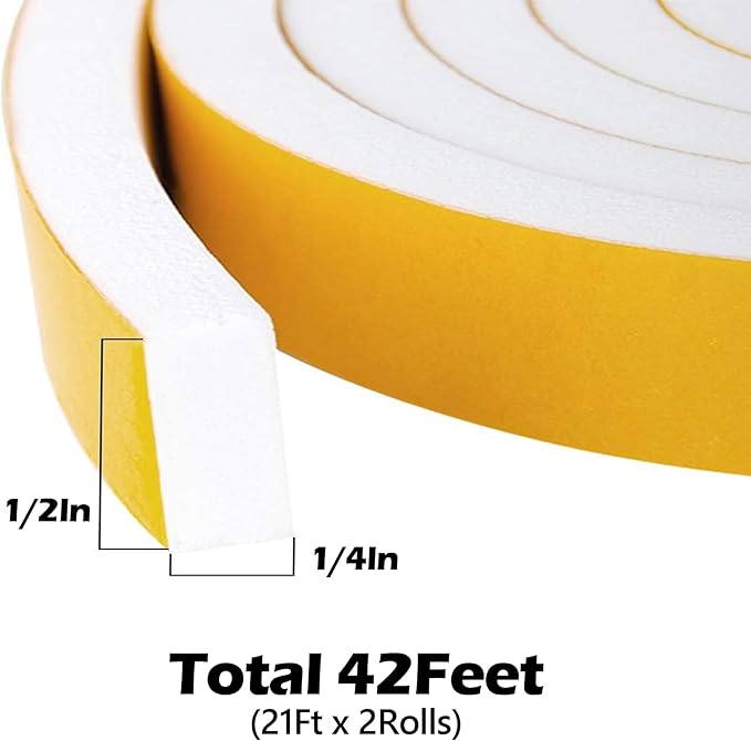 ToLanbbt White Door Window Weather Stripping Self Adhesive Foam Tape High Density Foam Sealing Strip Window Insulation Weatherproof Gasket Tape 1/2" Wide X 1/4" Thick, 21 Ft X 2 Rolls, Total 42 Feet