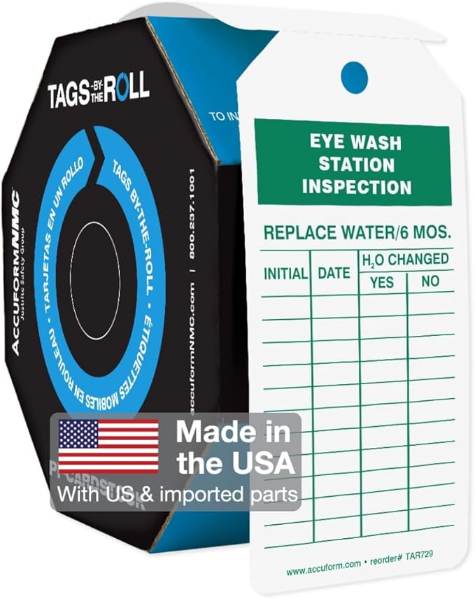 AccuformNMC 250 Tags by-The-Roll, Eyewash Station Inspection Tags with Record, US Made OSHA Compliant Eye Wash Tags, Waterproof PF-Cardstock, Resists Tears, 6.25"x3", TAR729