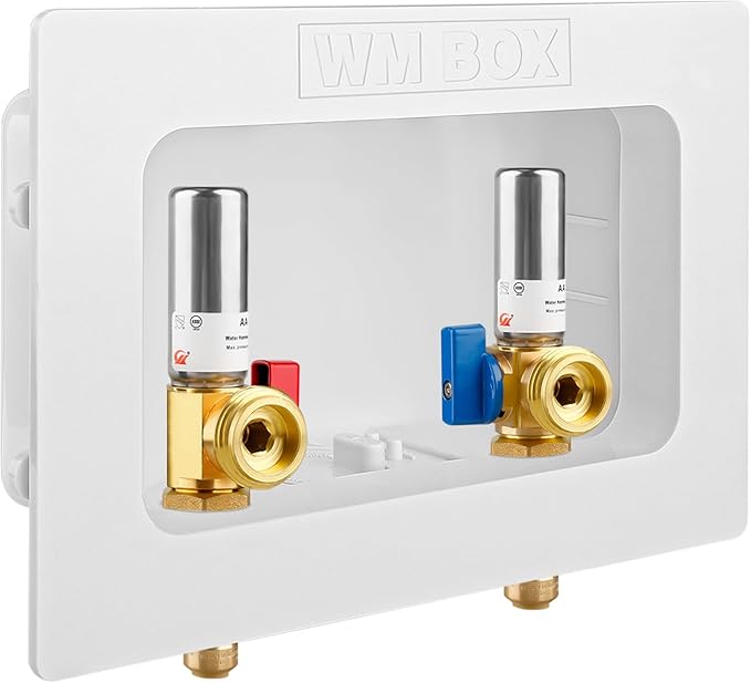 Washing Machine Outlet Box with Center Drain, 1/2" Push-Fit Inlet x 3/4" MHT Outlet Connection with Hot and Cold 1/4-turn Shut-off Ball Valve and Stainless Steel Water Hammer Arrestor