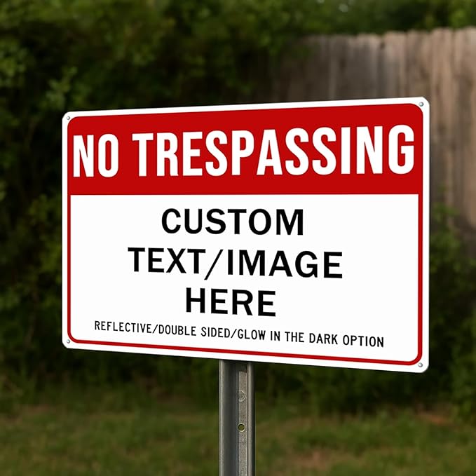 Custom No Trespassing Sign, Glow in the Dark/Reflective Option, 20''x15'' Personalized Large Aluminum Warning Signs, Customize for Business, Yard, Garden, School, Indoor/Outdoor Use
