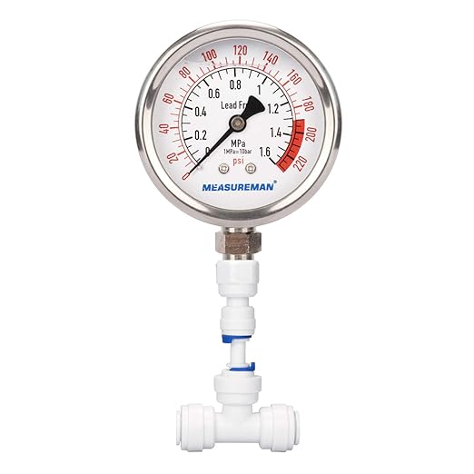 MEASUREMAN Lead-Free Glycerin Filled Reverse Osmosis Pressure Gauge, Purified Water Pressure Gauge, 2-1/2" Dial Size 1/4" Lower Mount, 0-220Psi/Mpa, with PU Tube Connection