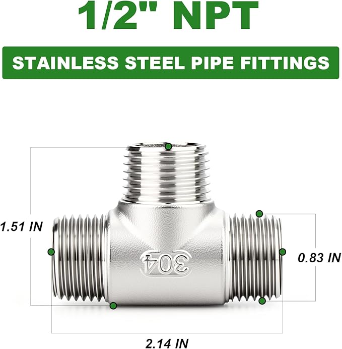 TAISHER 5PCS 304 Stainless Steel Tee Pipe Fittings, 1/2" x 1/2" x 1/2" NPT Male Pipe Fittings