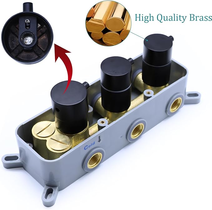2 Function Shower Thermostatic Valve 3 Round Knob Valve Body Can Control Water Volume and Work at the Same Time Concealed Brass Bathroom Valve Replacement Rough-In Valves (Matte Black, 2-Way)