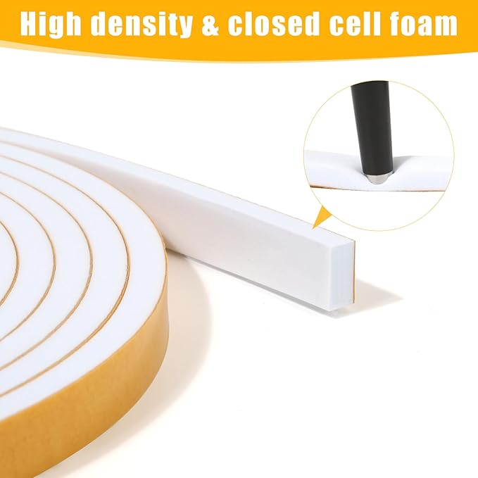 52Feet Weather Stripping Seal (1/4 Inch X 1/8 Inch) for Door Window, High Density Foam Tape, Soundproofing, Insulation Strip, Door Sealers for Door Frame- White