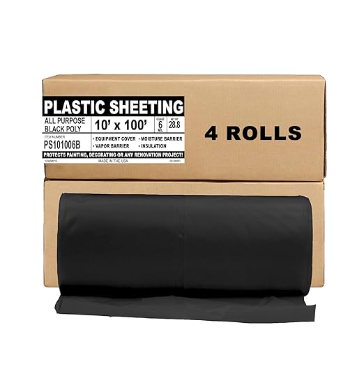 Aluf Plastics Black Plastic Sheeting - 4 Rolls of 10' x 100', 6 MIL Heavy Duty Gauge - Vapor and Moisture Barrier Sheet Tarp/Drop Cloth for Painting, Furniture Covers, Carpet Cover, Floor, Paint