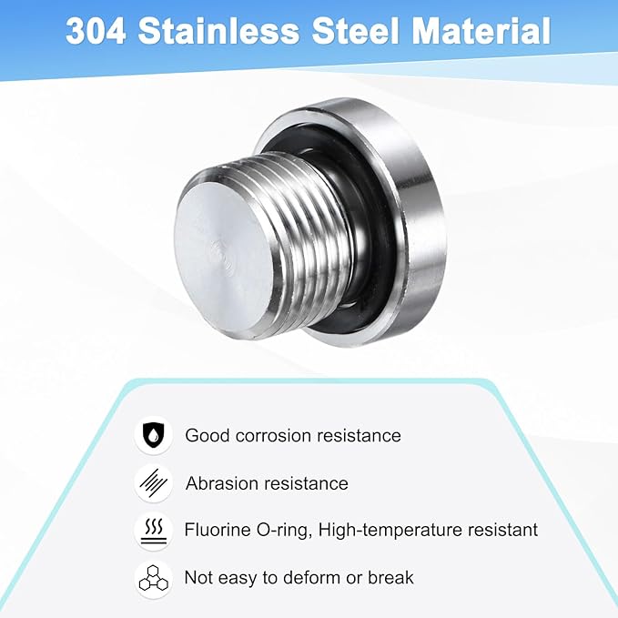 4-Pack Inner Hex Head Pipe Fitting Plug, 3/8 NPT 304 Stainless Steel Socket Bung Plug with Sealing Ring for Terminate Pipe Ends/Replacement Drains
