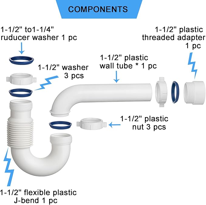 (1 Pack) Yariwiz White P Trap 1 1/2 Inch for Bathroom Kitchen Sink Drain Pipe Tubular Kit with Adjustable J-bend, White Threaded Adapter and Blue TPE Washer KSD-004W