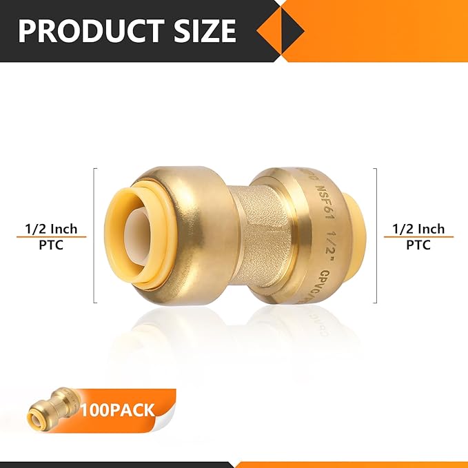 100-Pack HeSun Pushfit Coupling, 1/2"x1/2" Push to Connect Plumbing Fittings with Disconnect Clip, Brass Push-fit Fittings for PEX, Copper, CPVC, PE-RT Pipes(PF003-100)