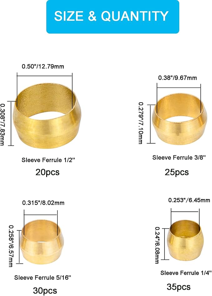 110PCS Tube OD（1/4" 5/16" 3/8" 1/2") Brass Compression Sleeves Ferrules,Brass Compression Fitting Assortment Kit