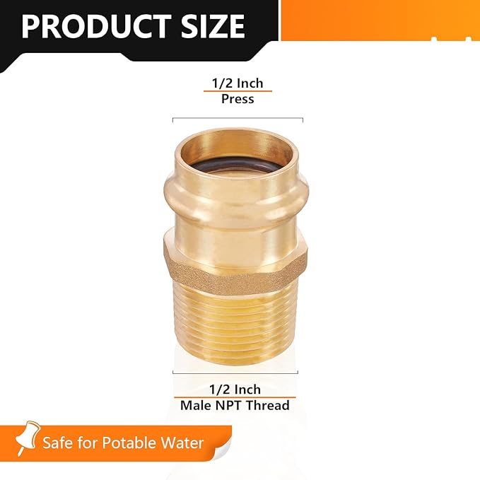 100-Pack HeSun Copper Press Fitting Adapter,1/2" Press X 1/2" Male NPT Adapter, LF Brass(PEX1807348-100)