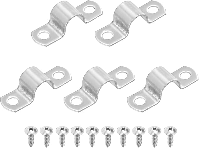 uxcell 5Pcs 16mm(5/8") Two Hole Rigid Pipe Strap, 304 Stainless Steel Conduit Clamp Thicken U Bracket Heavy Duty Pipe Clamp with Self-Tapping Screws for Fixing Tube Cable, Silver