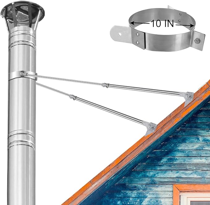 2025 Update 10" Extended Roof Bracket Kit, Adjustable Extended Roof Brace for Securing 10" Diameter Stove Pipe, Providing Stability to The Chimney Against Wind and Snow