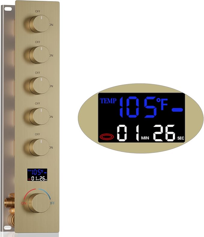 Solid Brass 5 Way Shower Diverter Valve with Temperature Display Shower Mixer Valve Bathroom Shower Diverter Replacement,Brushed Gold