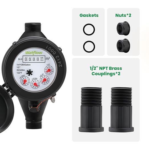 Watflow DN15 Water Meter 1/2" NPT, ISO4064 Certification Cubic Water Flow Meter, Cold Water Meter with PVC for Garden or Home, Single-Jet Horizontal Install.