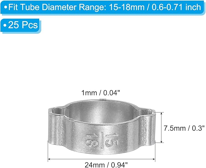 PATIKIL 25 Pack 15-18mm Double Ear Hose Clamp, 304 Stainless Steel O Clip Crimp Rings for Fuel Petrol Pipe Tube Fitting Connections, Silver Tone