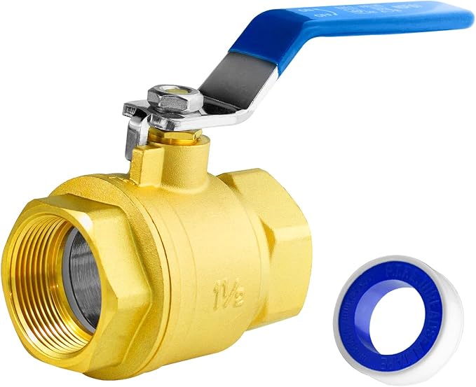WiseWater 1.5" Full Port Brass Ball Valve - 1-1/2 Inch Female Threaded NPT With 1/4 Turn Blue Handle, 600 WOG, Plumbing Fitting, UPC Certified, 1 Pc