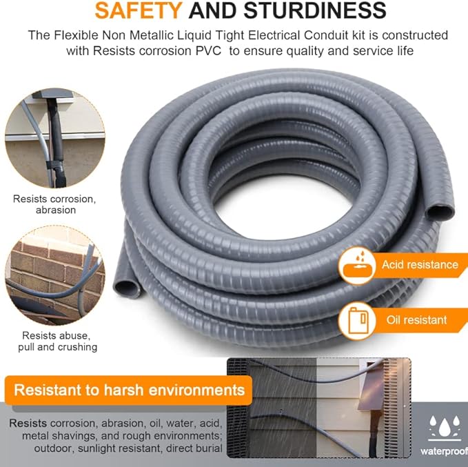 DWALE Liquid-Tight Conduit and Connector Kit,Flexible Non Metallic Liquid Tight Electrical Conduit,3/4inch 25ft Electrical Conduit Kit,with 8 Straight and 8 Angle Fittings Included,3/4 in. Dia