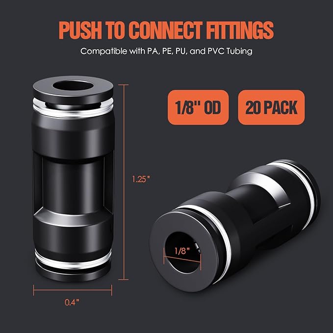 1/8" OD Push to Connect Fittings – Air Line Straight Connectors, Quick Connect Pneumatic Fittings, Push Lock Air Hose Fittings for Compressor, Air Tools & Tubing (20 PCS)