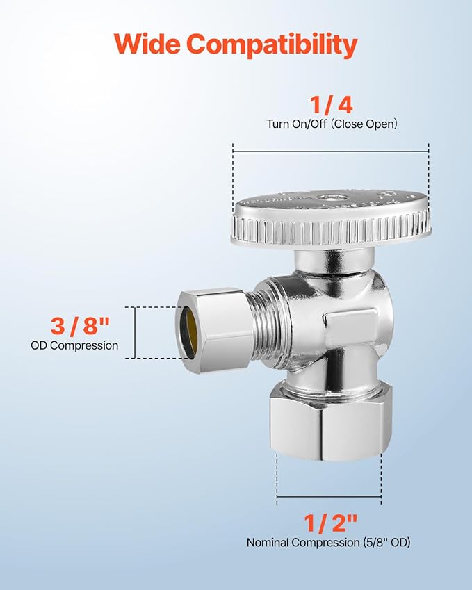 VEVOR 10-Pack Angle Stop Valve, 1/4 Turn Water Shut Off Valves, 1/2" Nominal (5/8" OD) Compression Inlet x 3/8" OD Compression Outlet Shutoff Valve for Bathroom Kitchen Toilet Shower Plumbing