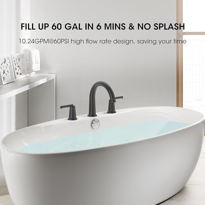 High Flow Roman Tub Faucet with Valve, Widespread Solid Brass 3 Hole Bathtub Faucet, 2 Handle Deck Mount Bath Tub Filler with Supply Water Hoses, Matte Black