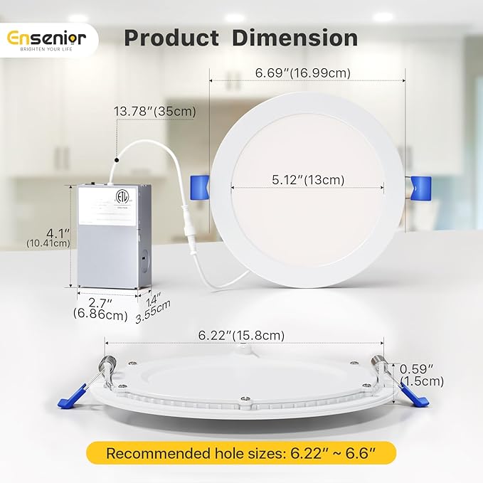 Ensenior 12 Pack 6 Inch LED Recessed Ceiling Light, Dimmable, 2700K-5000K 5CCT, 1200LM 12W 120V, High Brightness Canless Wafer Downlight - ETL&FCC&IC