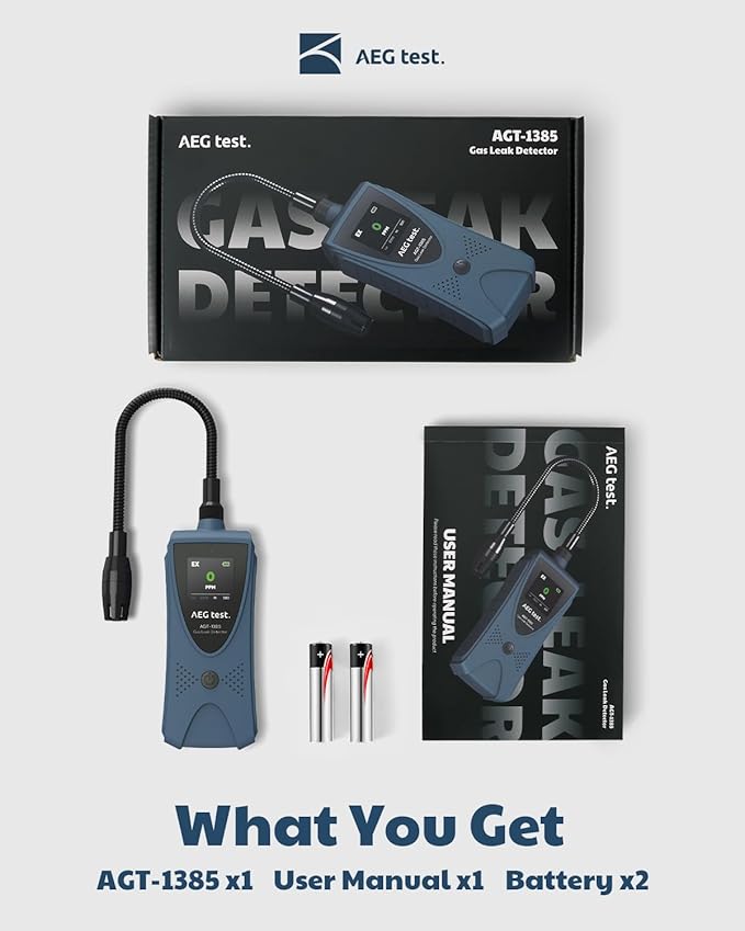 AGT-1385 Gas Leak Detector, Natural Gas Detector with 6.8-Inch Neck, Color Display, Visual & Audible Alarms for Methane, Propane & Other Combustible Leaks for Home & RV (Includes 2 Batteries)