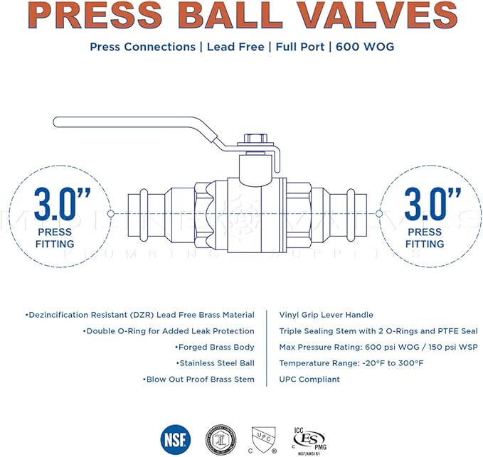 Midline Valve 5 Pack 3 Inch Press Ball Valve with Double-O-Ring, Full Port Press Ball Valve with 3" Connections, Brass Finish