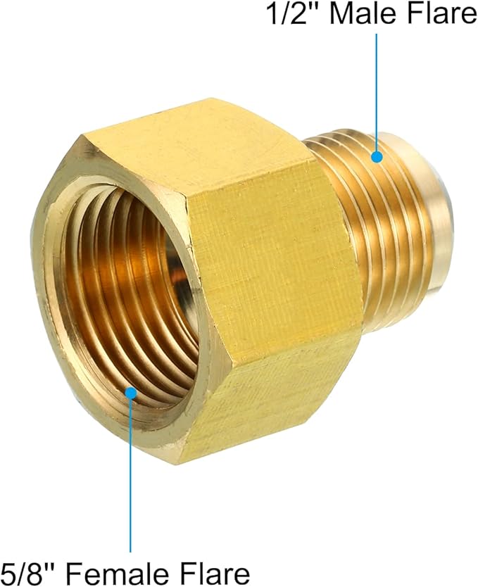 PATIKIL 5/8 Inch Female Flare (7/8"-14UNF) x 1/2 Inch Male Flare (3/4"-16UNF) Connector, SAE 45 Degree Flare Brass Adapter Flare Pipe Fitting for Air Gas Line Refrigeration HVAC