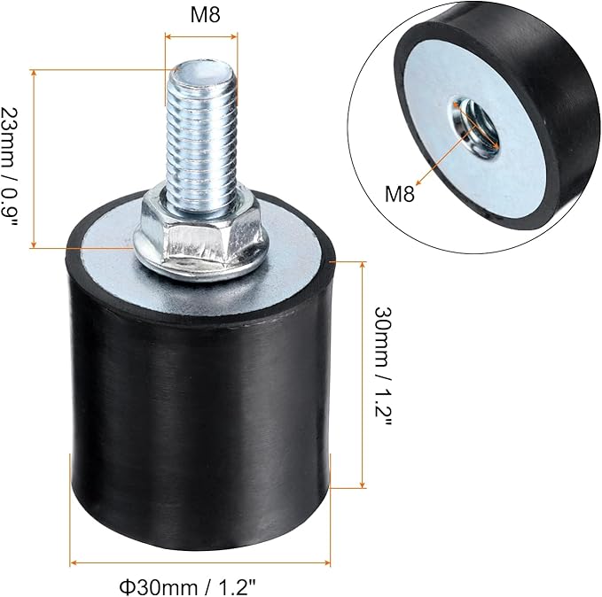 uxcell 2pcs M8x23mm Rubber Isolator Mounts with Studs 30x30mm Male Female Vibration Shock Absorber Zinc Plated Cylindrical Thread Mounts Anti Vibration Isolators with 2pcs M8 Lock Nuts