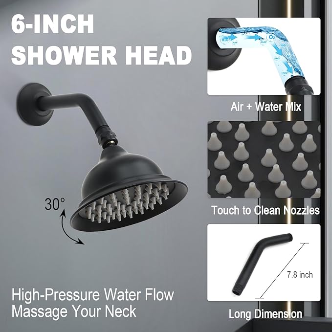 Enga Antique Shower Faucet Sets Dual Heads with 4 Body Jets, 8" + 6" Ceiling & Wall Mount Vintage Shower Head with Handheld Spray Combo, 4 Way Diverter Brass Valve, Matte Black