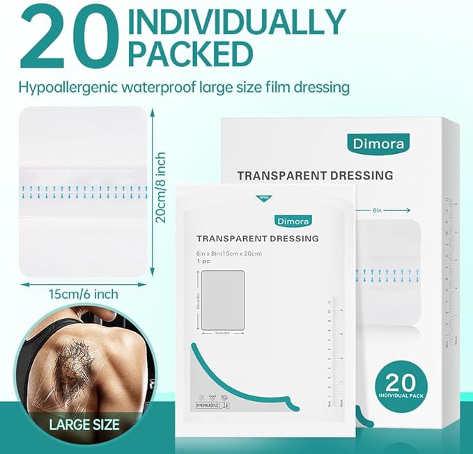 Dimora Transparent Film Dressing 6x8 inch 20 Packs with Hypoallergenic Adhesive, Large Waterproof Wound Bandages Post Surgical for Swimming, Tattoo Aftercare Bandage, IV Shield
