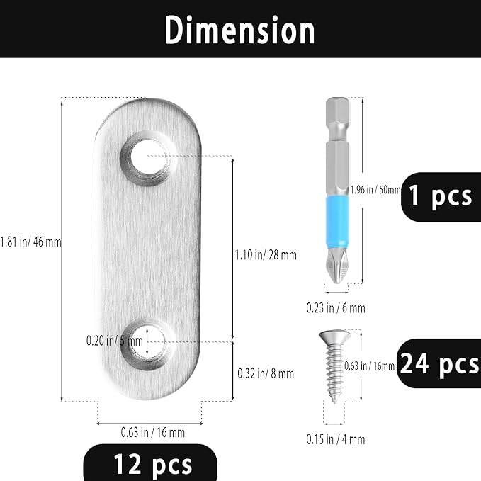 12 Pcs Mending Plate, 1.81 x 0.6 inch Stainless Steel Flat Plates with Holes, Straight Metal Mounting Braces Brackets Kit for Furniture, Wood Joint Connector (Silver, 1.81 inch)