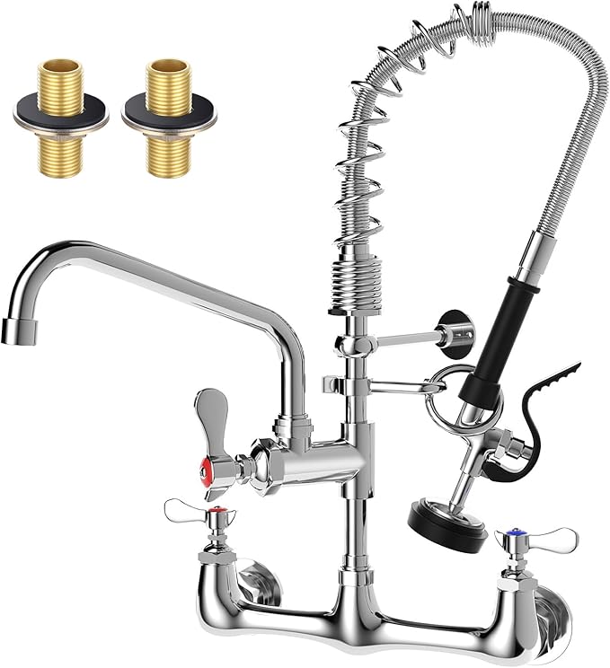 Commercial Sink Faucet,TOLSUNY Commercial Kitchen Faucet Wall Mount with Pre Rinse Sprayer,Wall Mounted Kitchen Sink Faucet for Industrial and Restaurant Sinks. (Classic, 21)