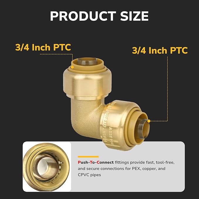 3/4" 90 Degree Elbow Pushfit, Push to Connect Brass Plumbing Fitting for Copper, CPVC, PEX Pipe, Brass Pex Fitting with Upgraded Stiffener, Disconnect Clip Included, NSF & UPC Certified, 4 Pack