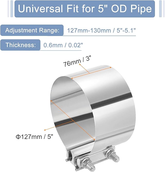 uxcell 5 Inch Exhaust Clamp, 304 Stainless Steel Butt Joint Band Clamp Sleeve Coupler Pipe Repair Clamp Universal Widening Clamp for Exhaust Pipes Mufflers, Silver