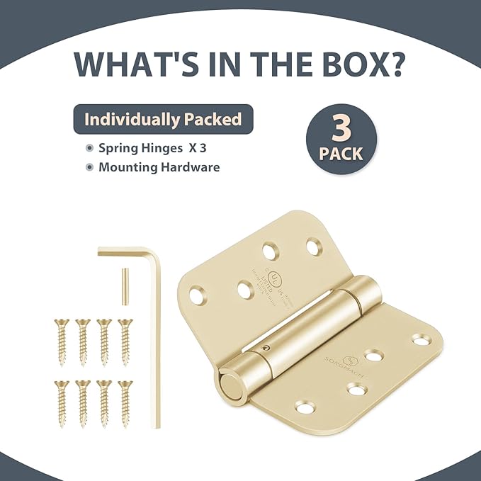 Self Closing Hinge Satin Brass Auto Close Hardware Hinge Outlet Adjustable Spring Hinges Satin Hinges 5/8" Radius Corner for Commercial Grade Self-Closing, UL Listed 3 Pack