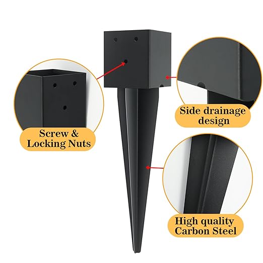 1 Pcs 4"x4" Fence Post Anchor Ground Spike,(Internal 3.6"x3.6"),Metal Post Stake Ground 16" with Black Powder-Coated,Fence Stakes Post Base for Deck,Fence,Porch,Railing,Mailbox.